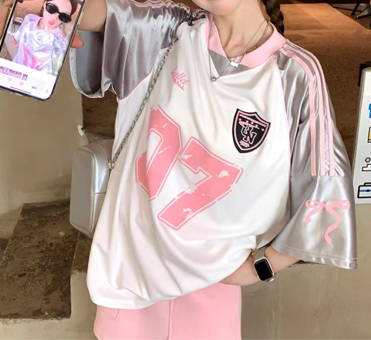 (S) Girls Pink and grey football jersey y2k