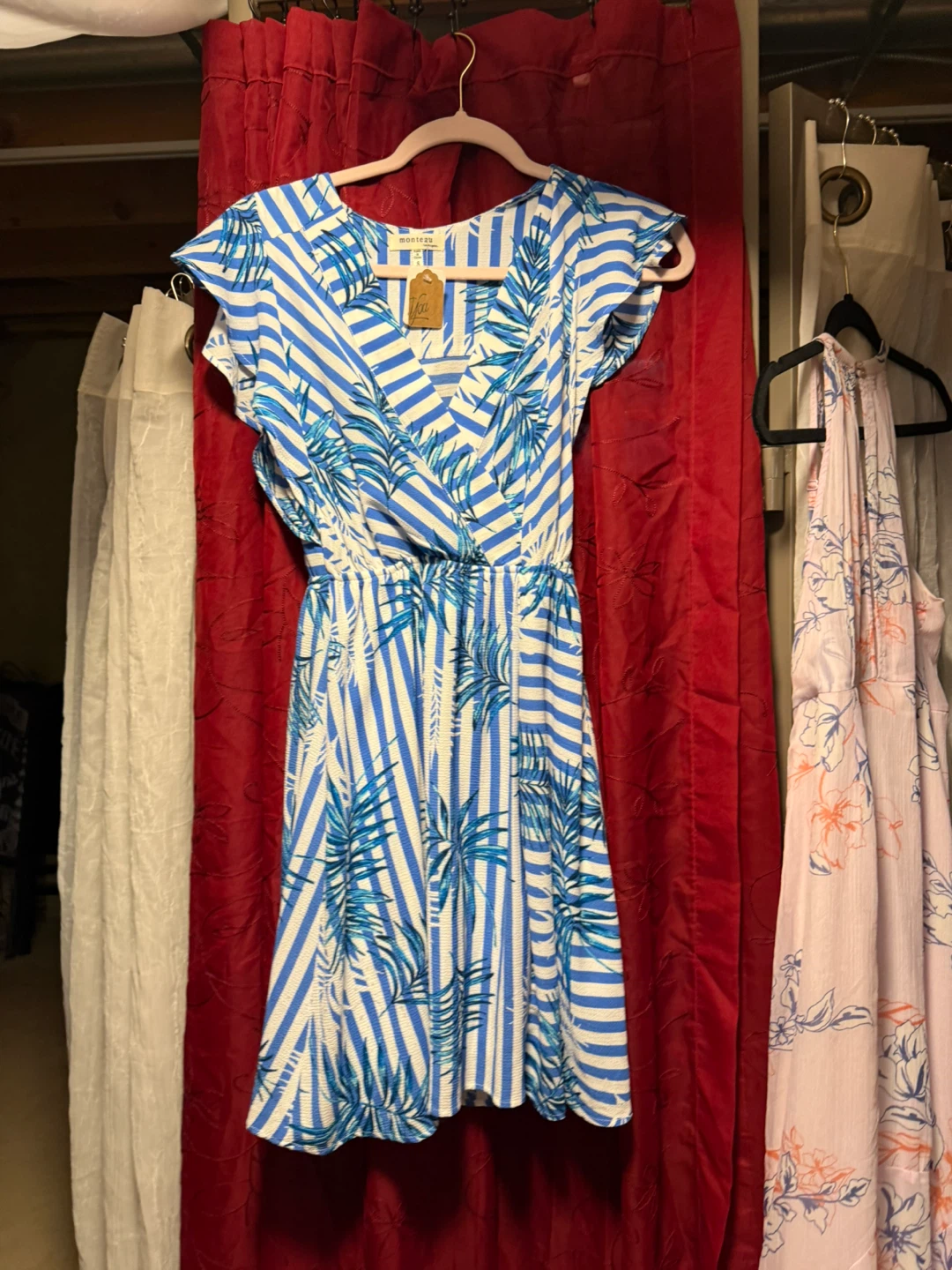 Monteau Blue & White Striped Palm Leaf Dress Size S - photo 2