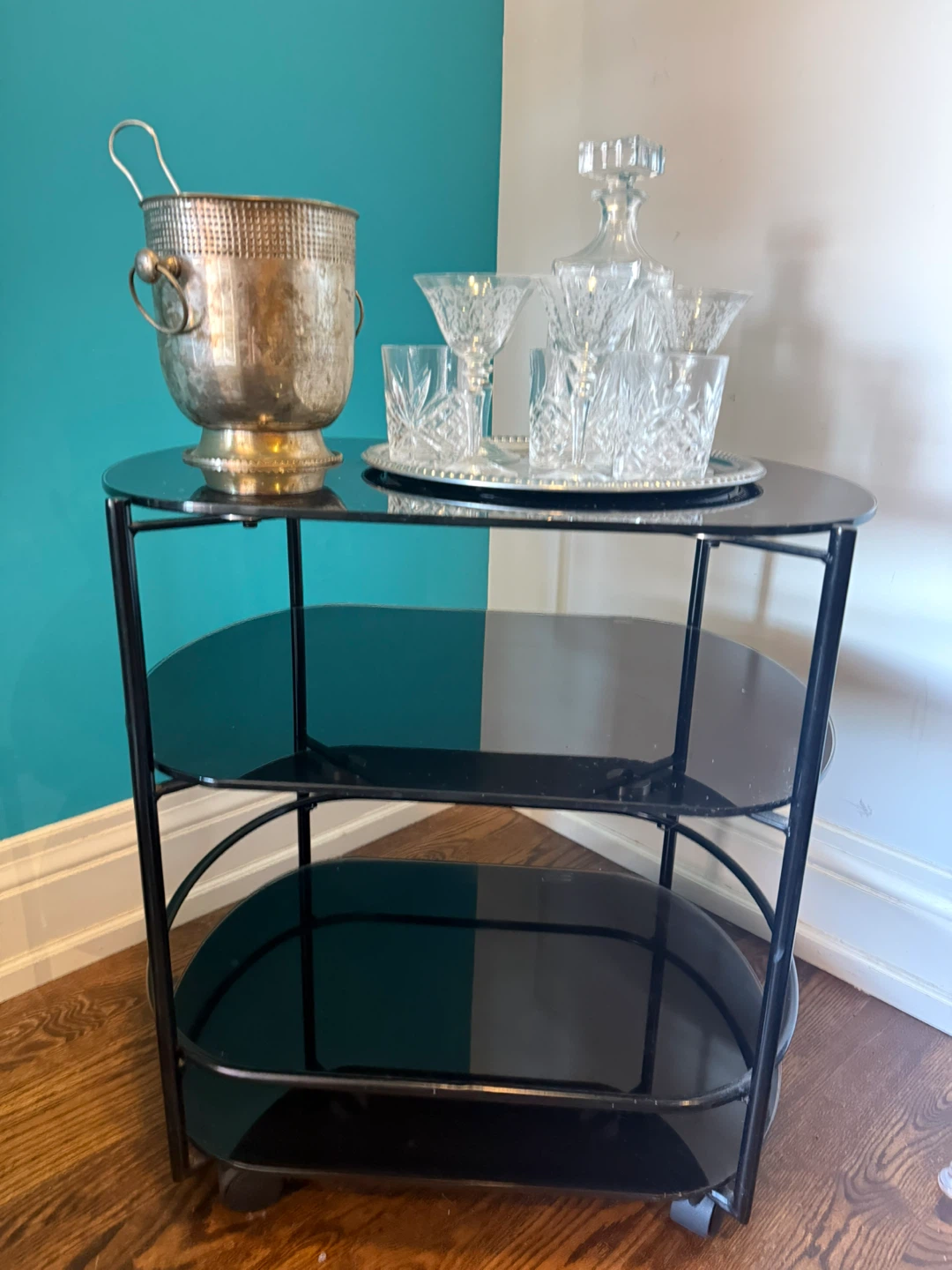 Vintage Etched Glassware Set with Ice Bucket and Decanter