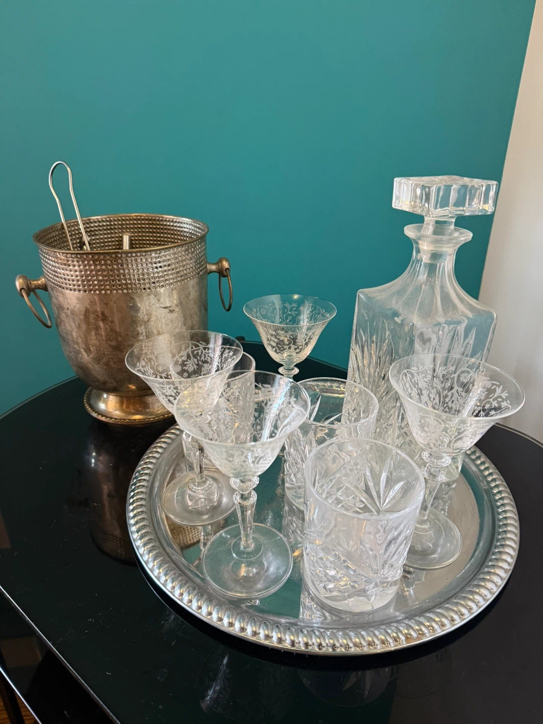 Vintage Etched Glassware Set with Ice Bucket and Decanter - photo 2
