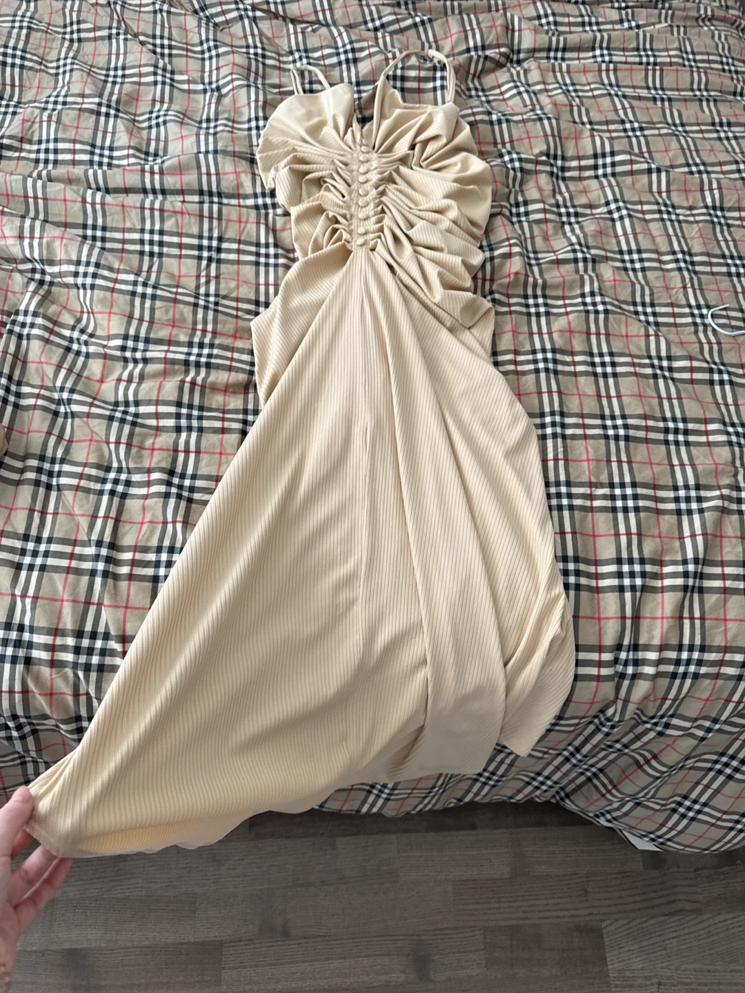 Hudichaia Ruched Button Front Midi Dress Beige Size Small - photo 2