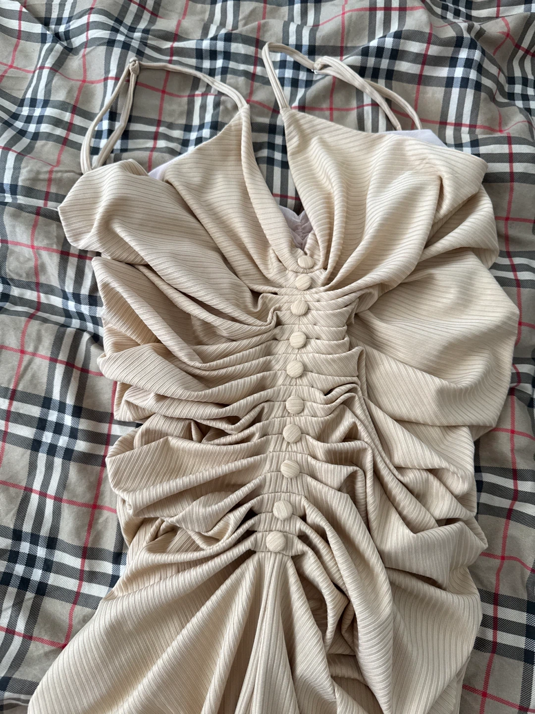 Hudichaia Ruched Button Front Midi Dress Beige Size Small - photo 3