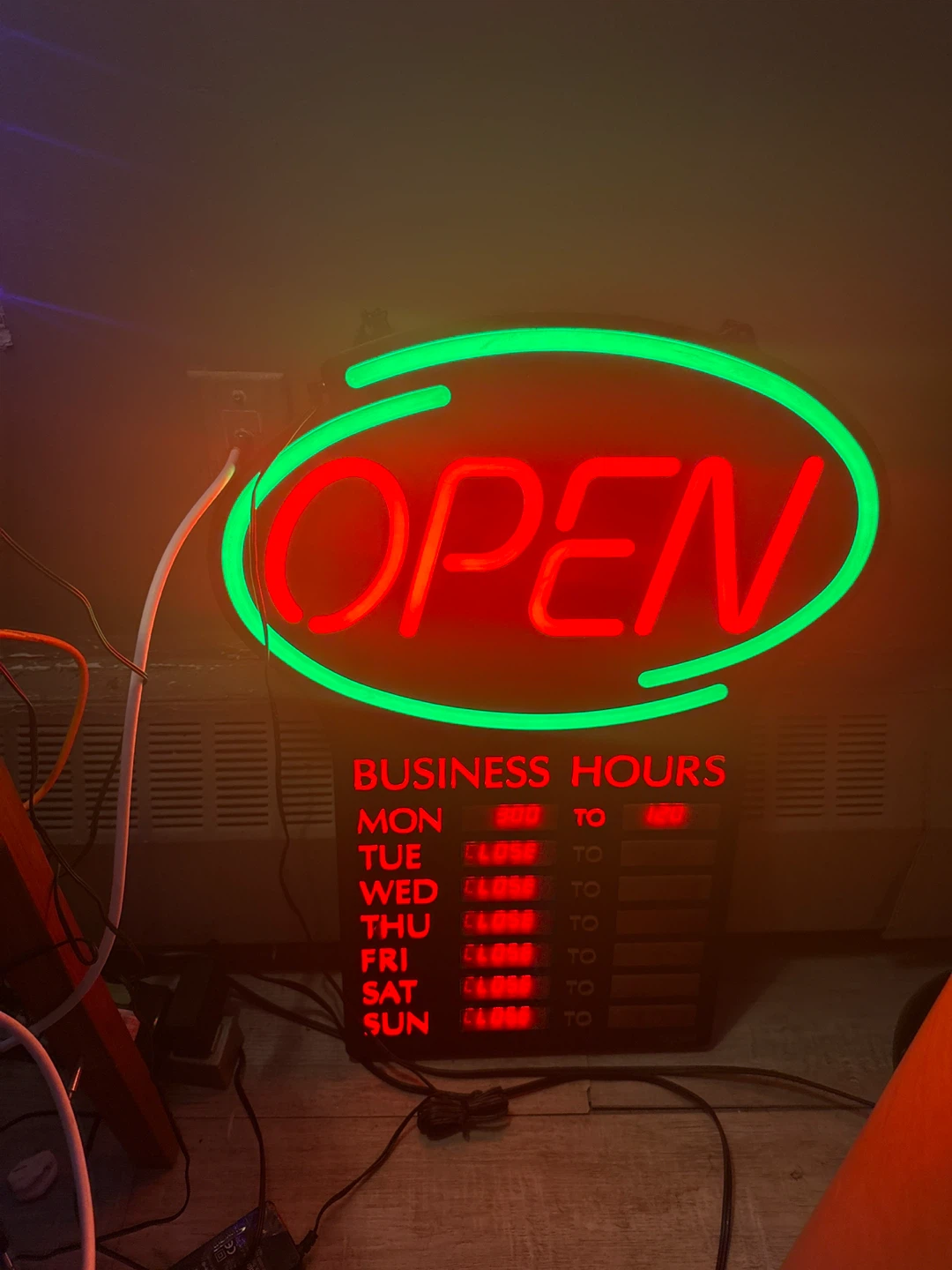 Neon Open Sign with Business Hours Display