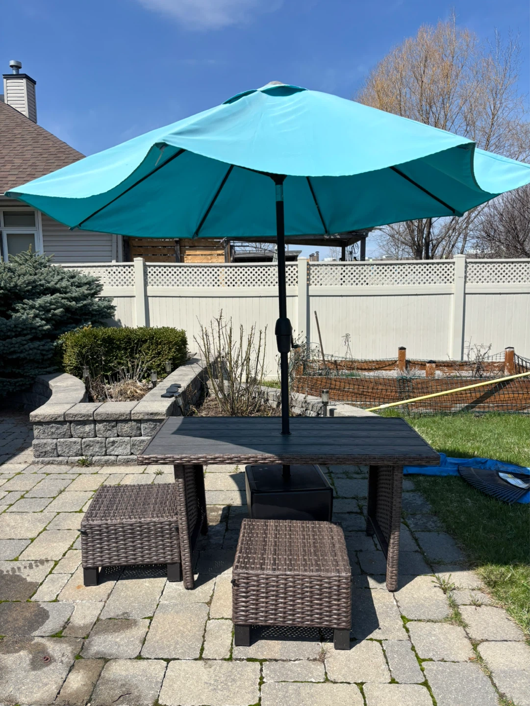 Patio Table and Umbrella Set with 2 Ottomans