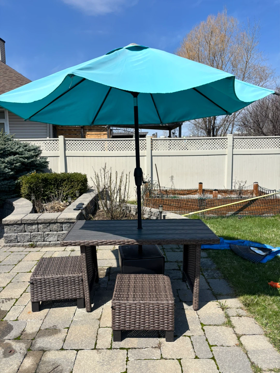 Patio Table and Umbrella Set with 2 Ottomans - photo 2