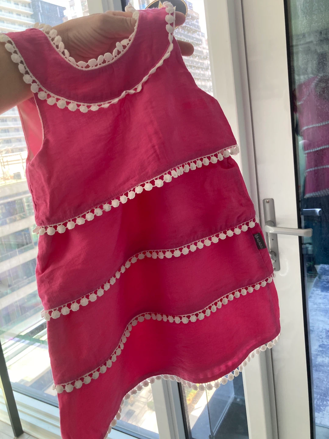 Alado Pink Tiered Dress with Pom-Pom Trim - Size 1