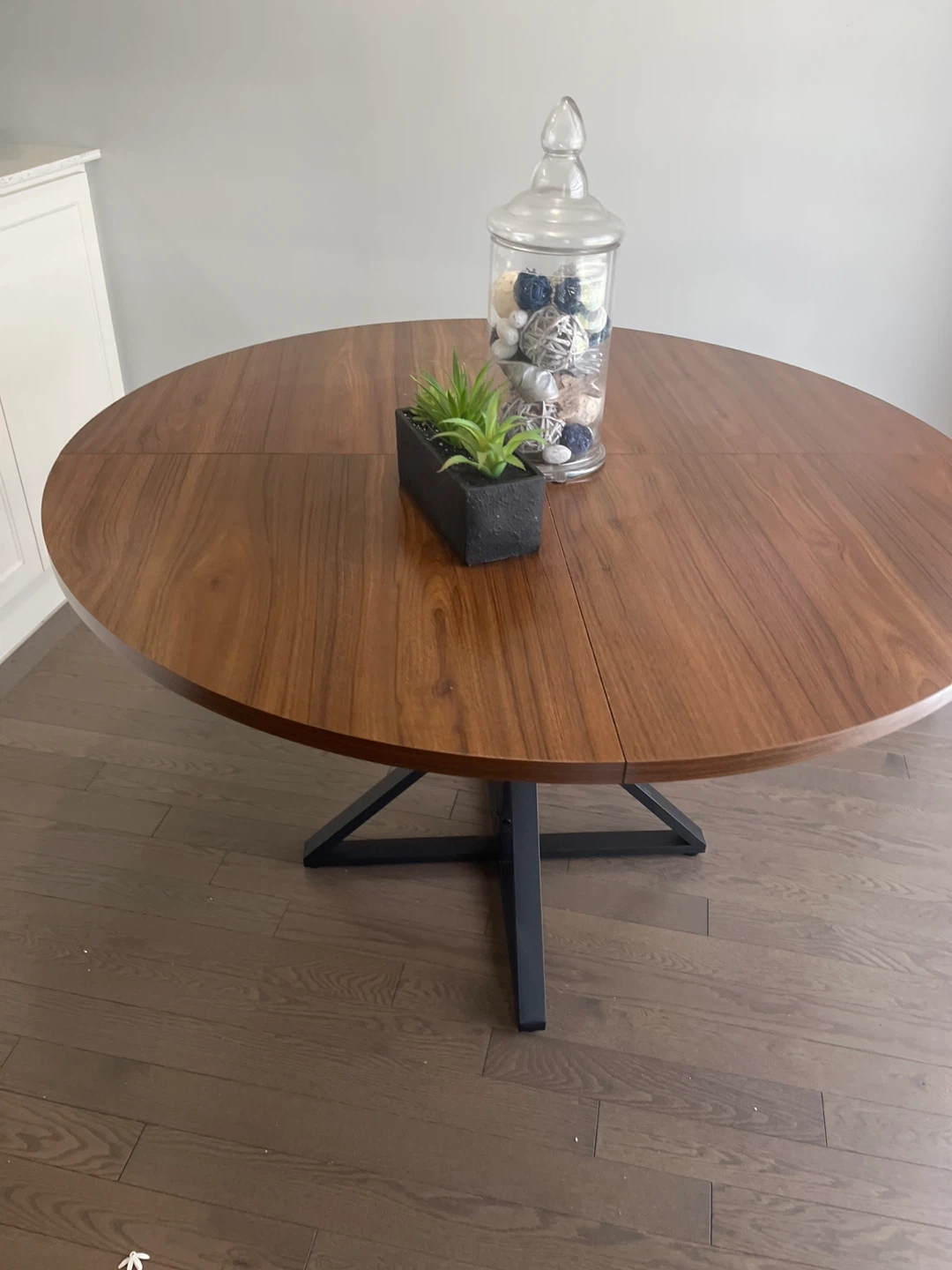 Round Wooden Dining Table with Black Metal Base
