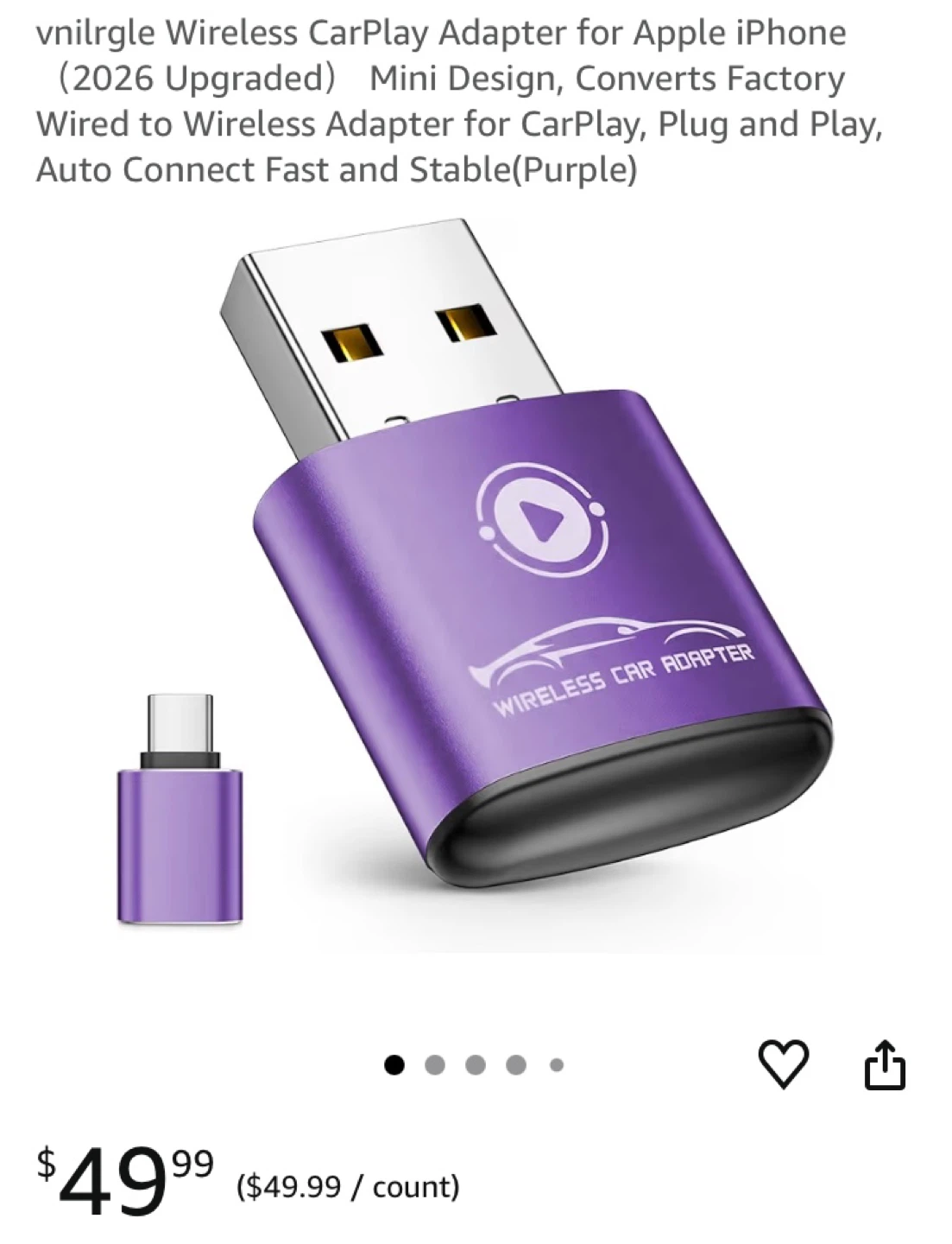 Vnylrgle Wireless CarPlay Adapter for Apple iPhone (Purple)