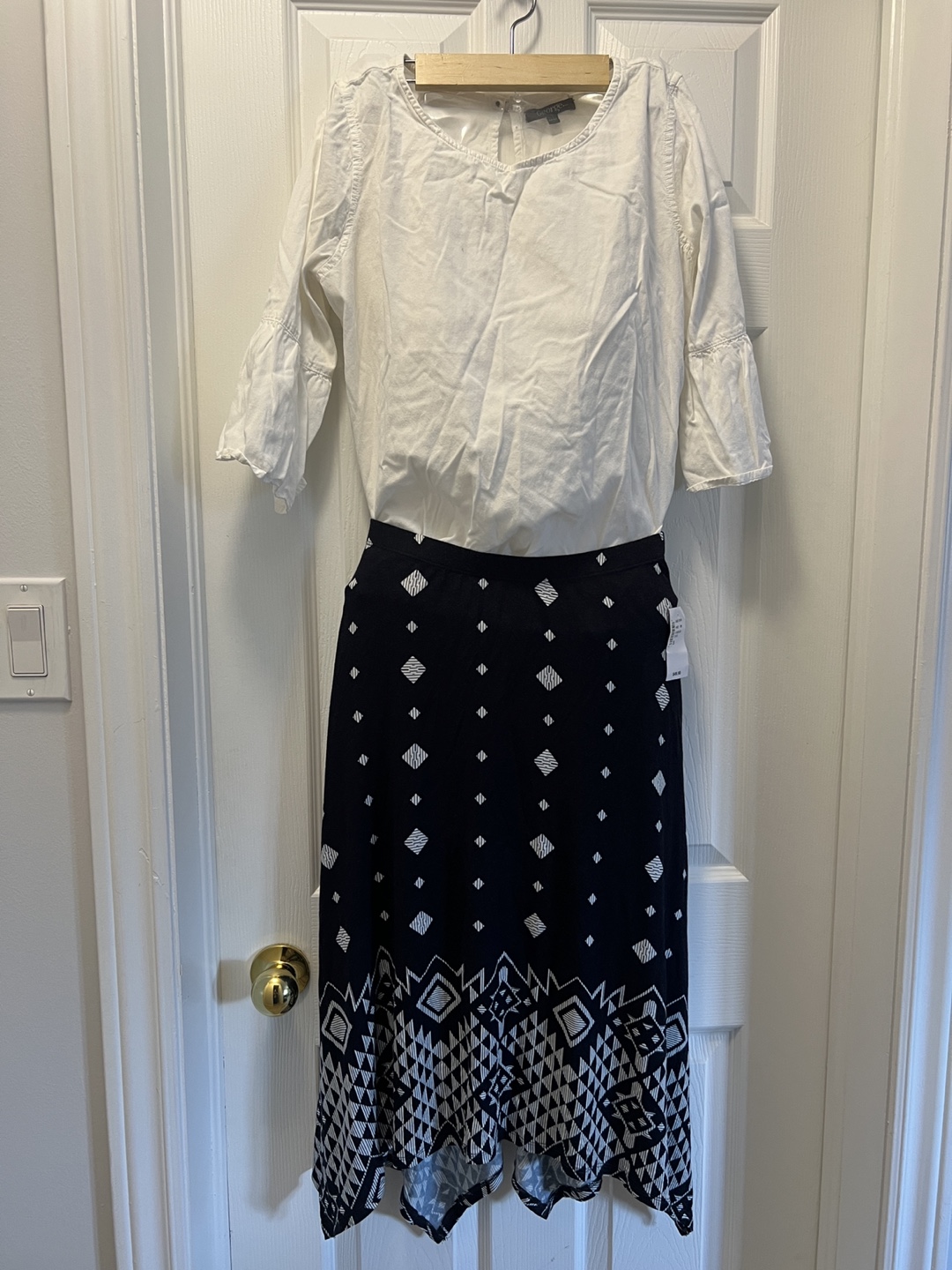 White Blouse with  brand new Geometric Print Skirt Set