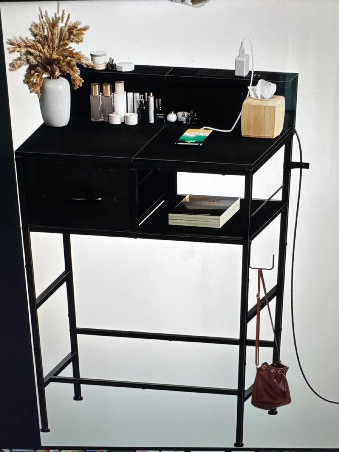 Black Vanity Desk with Built-in Outlets