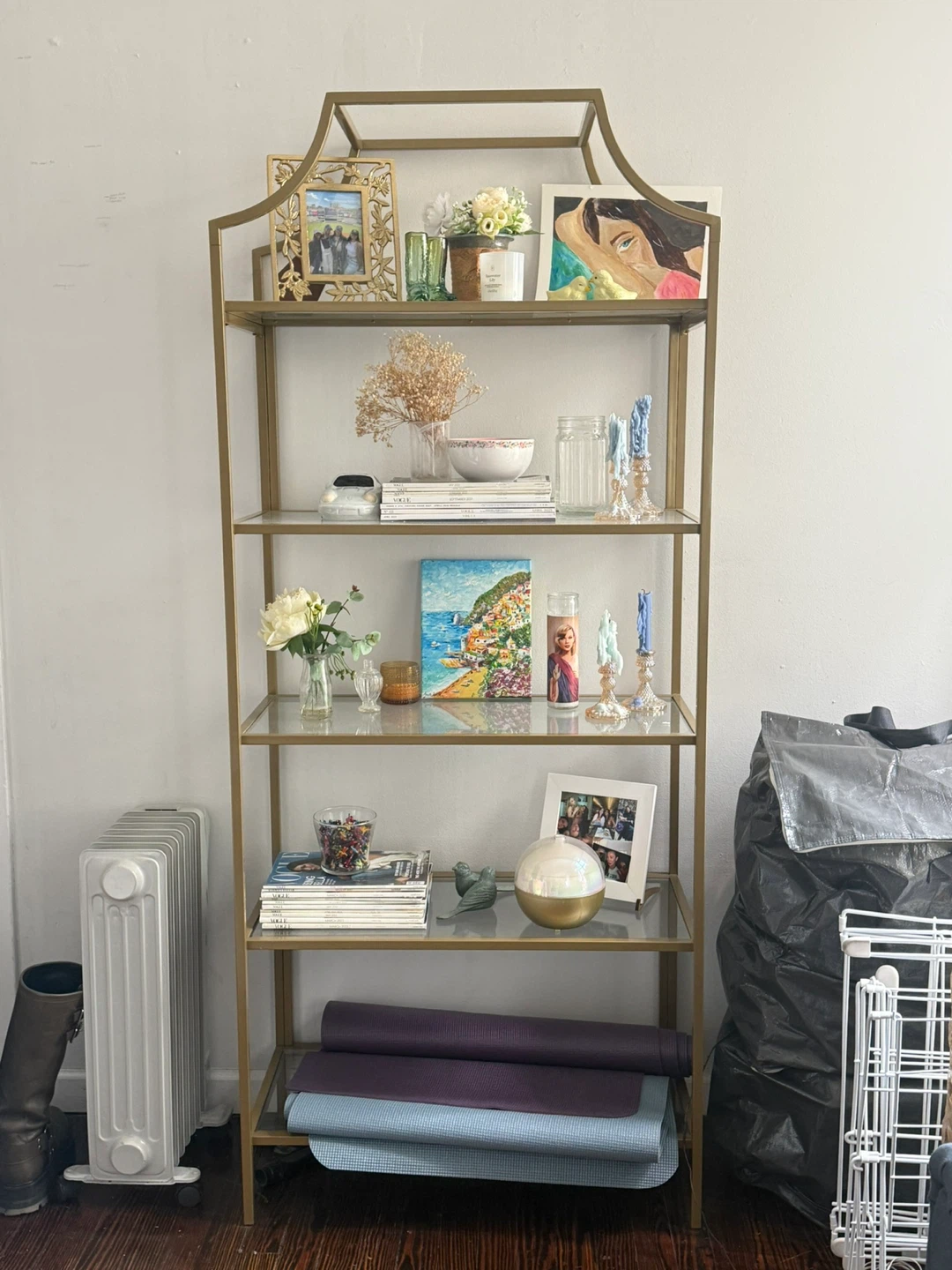 Gold Metal and Glass Shelf Unit