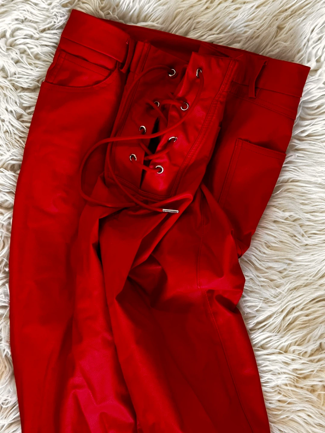 Shoedazzle Red Faux Leather Lace-Up Pants - photo 5