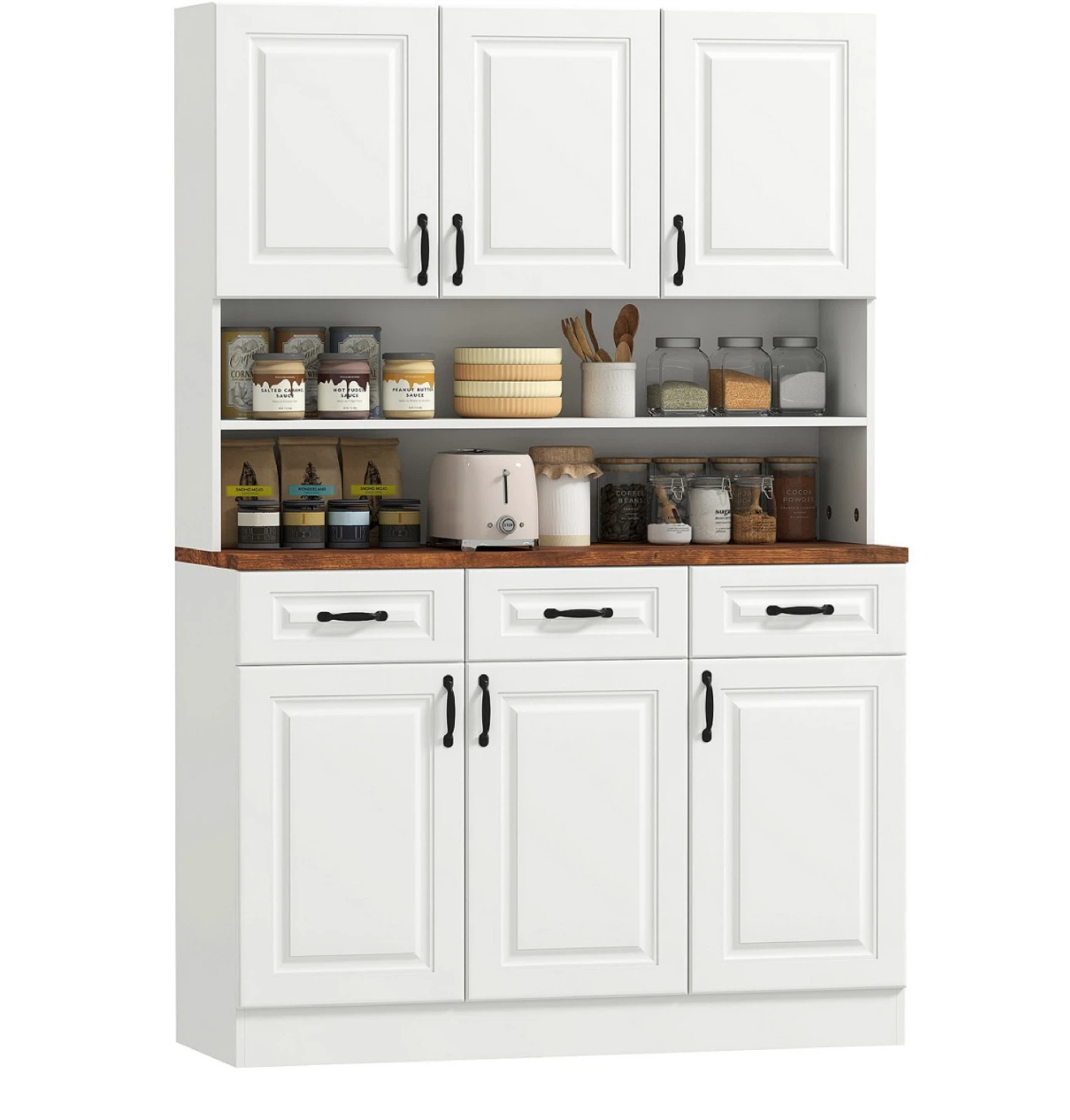 White Kitchen Hutch with Storage Cabinets and Drawers