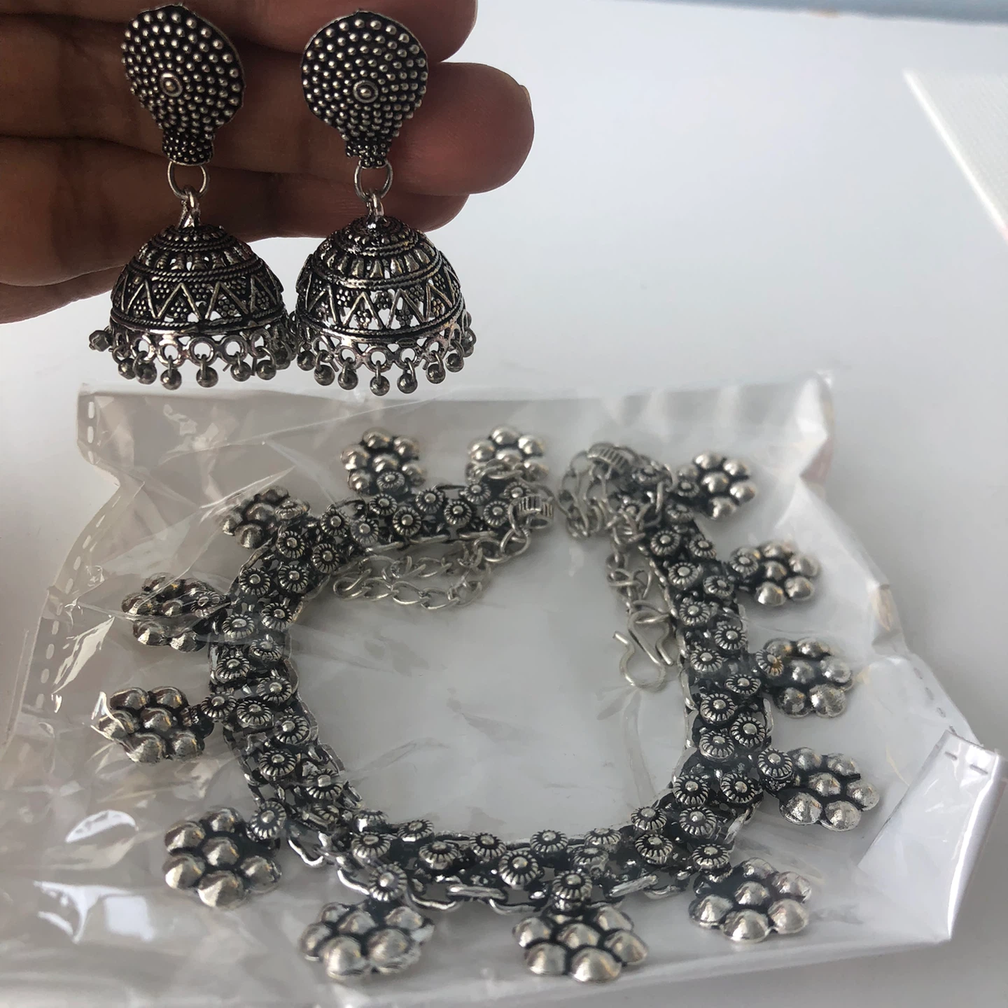 Silver Jhumka Earrings and Necklace Set