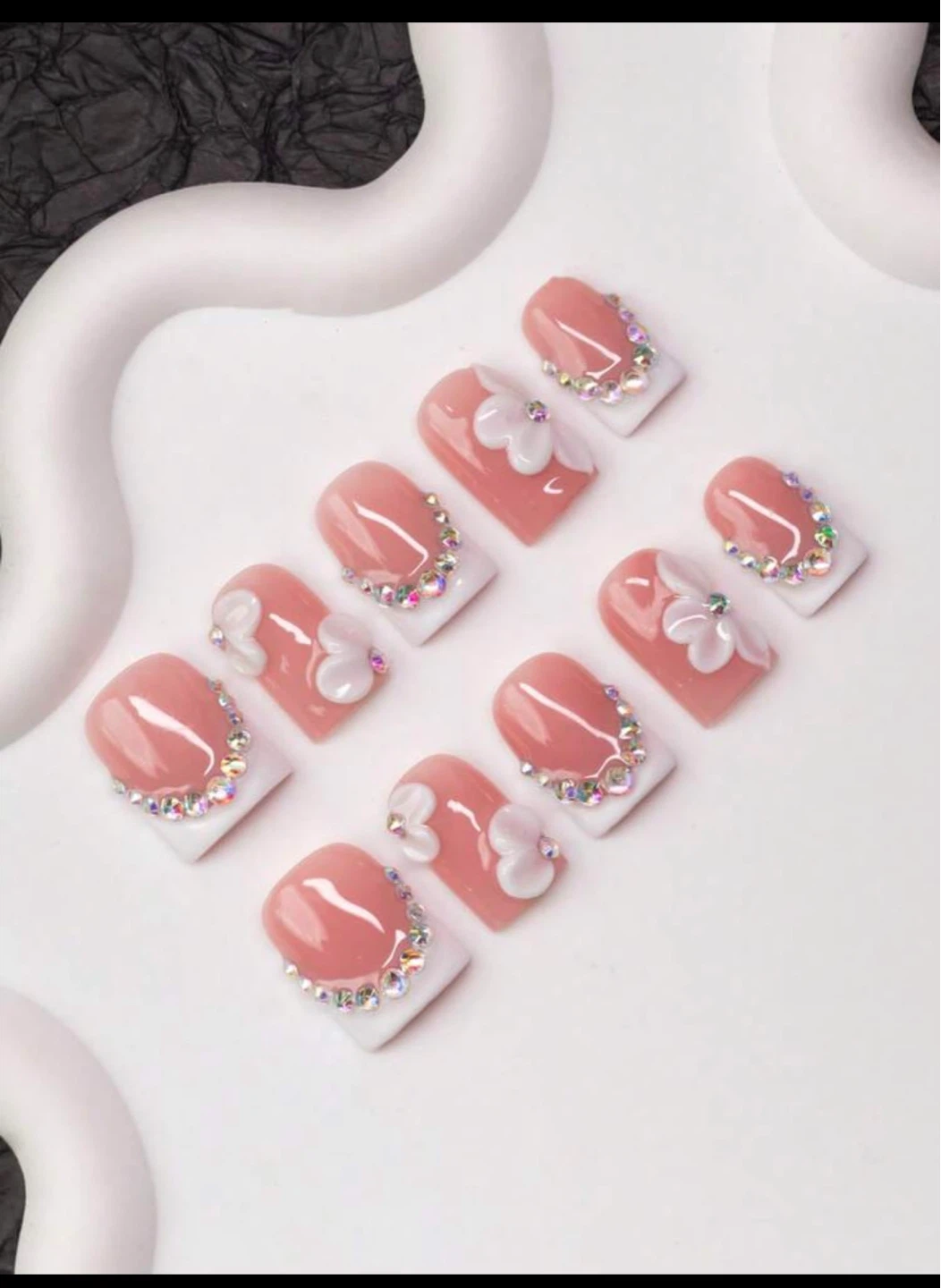 Press-On Nails with Rhinestones and Flower Accents