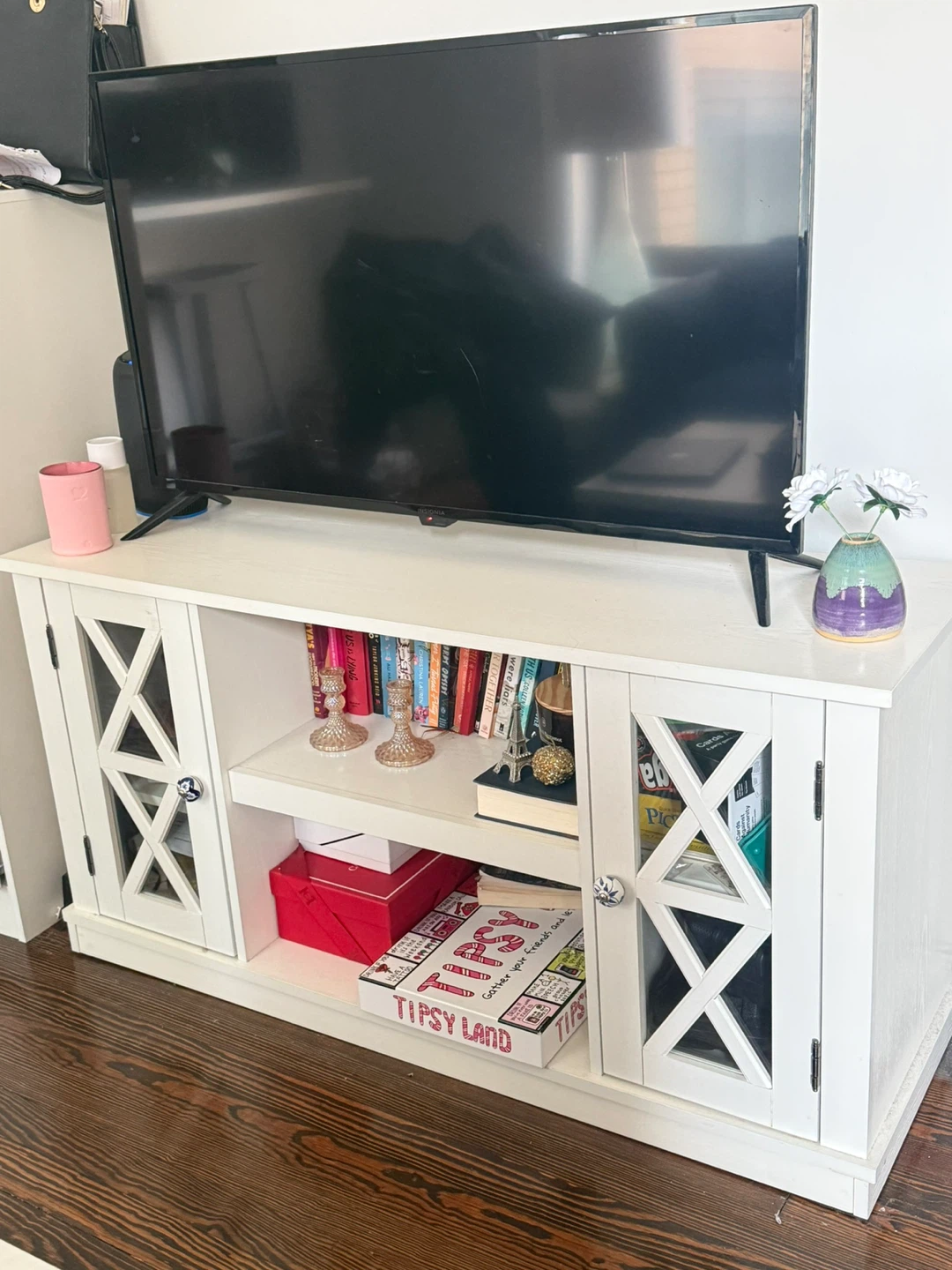 White Farmhouse Style TV Stand with Storage