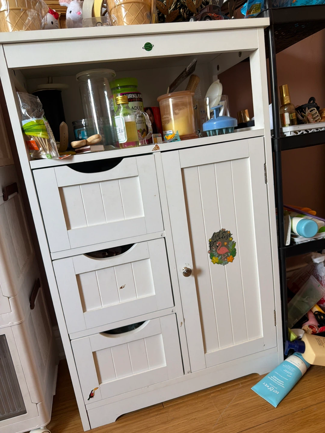 White Storage Cabinet with Drawers and Door