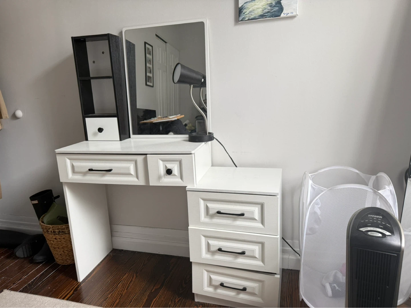 White Vanity Desk with Mirror and Drawers