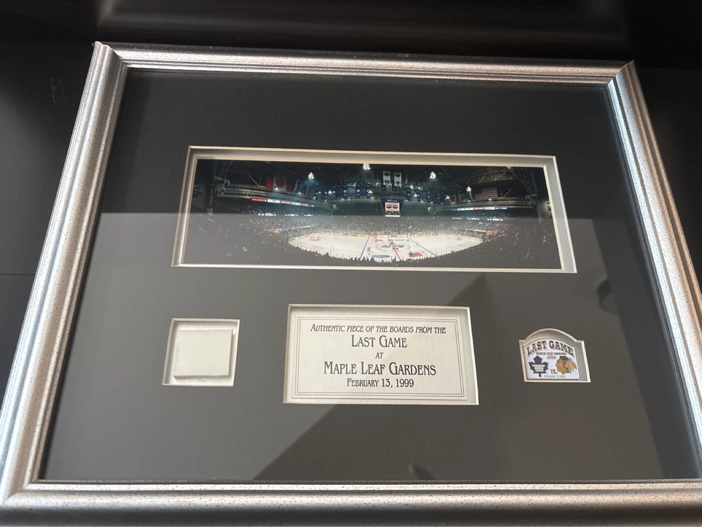 Framed Piece of Maple Leaf Gardens Board from Last Game