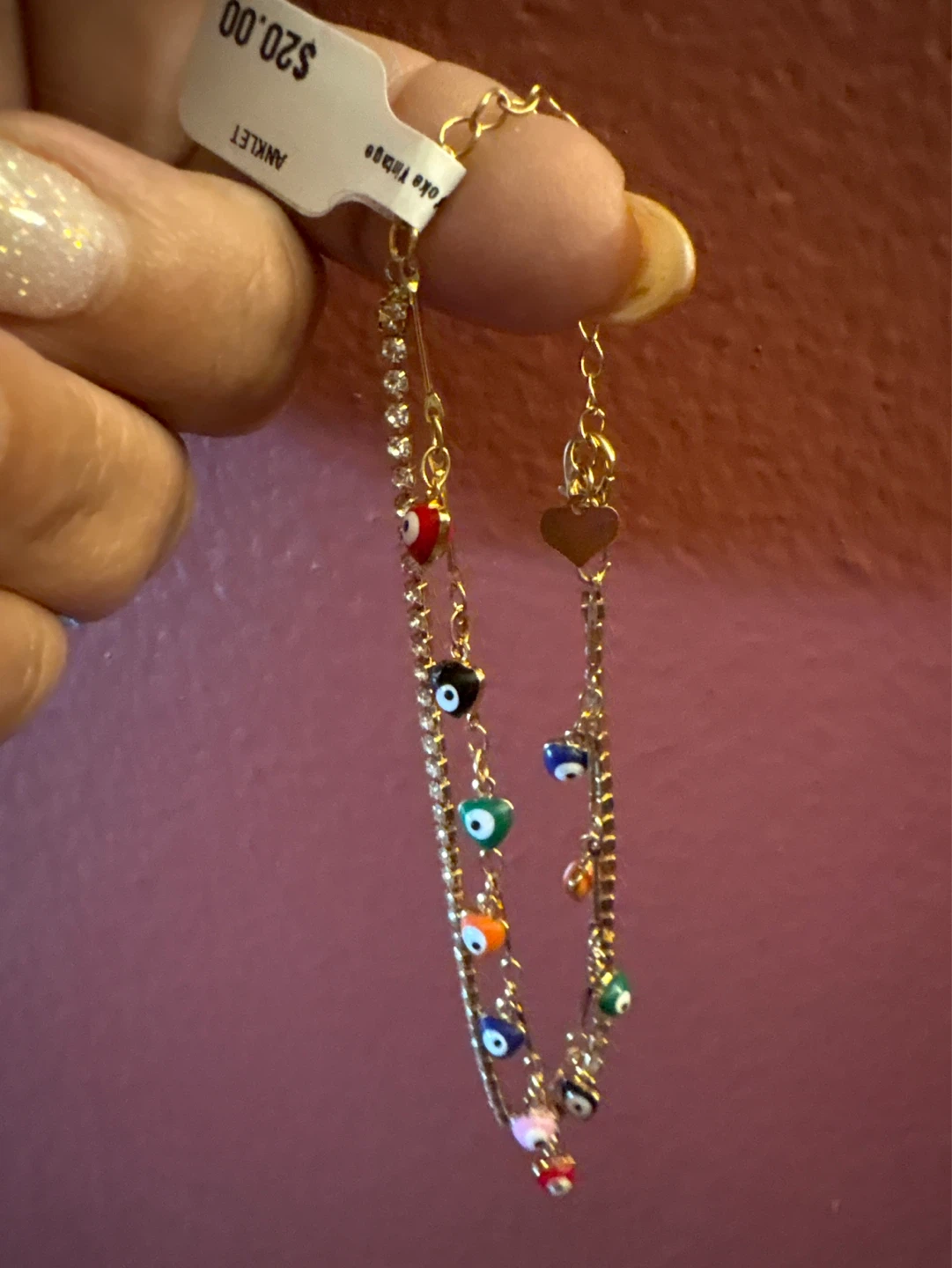 🌱 New handmade Gold Tone Anklet CZ Evil Eye  Heart Charms - photo 2