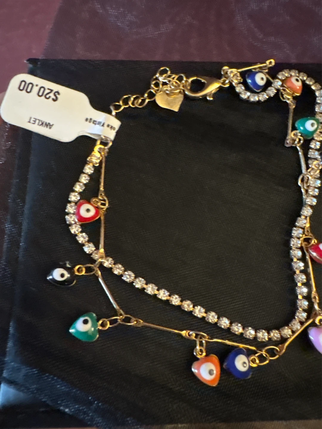 🌱 New handmade Gold Tone Anklet CZ Evil Eye  Heart Charms - photo 5