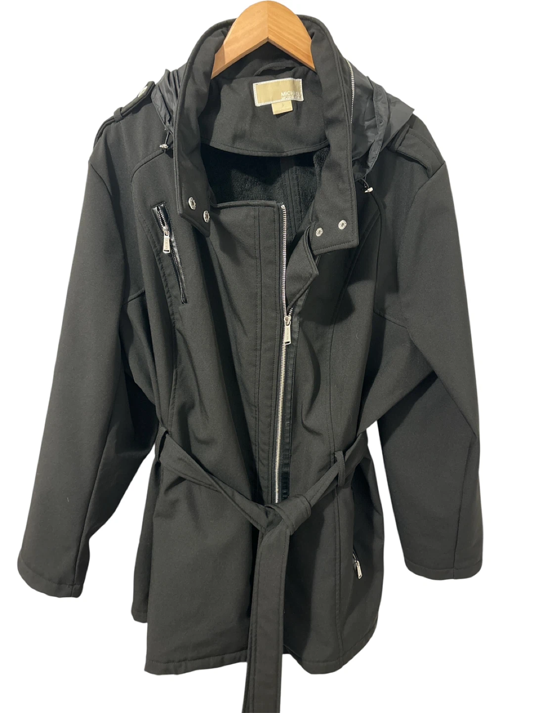Michael Kors Women's Black Hooded Belted Jacket - Size 3X