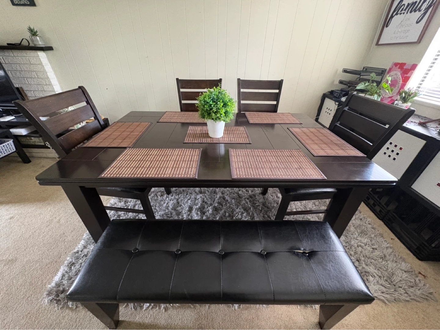 Dark Brown Dining Table Set with 4 Chairs and Bench