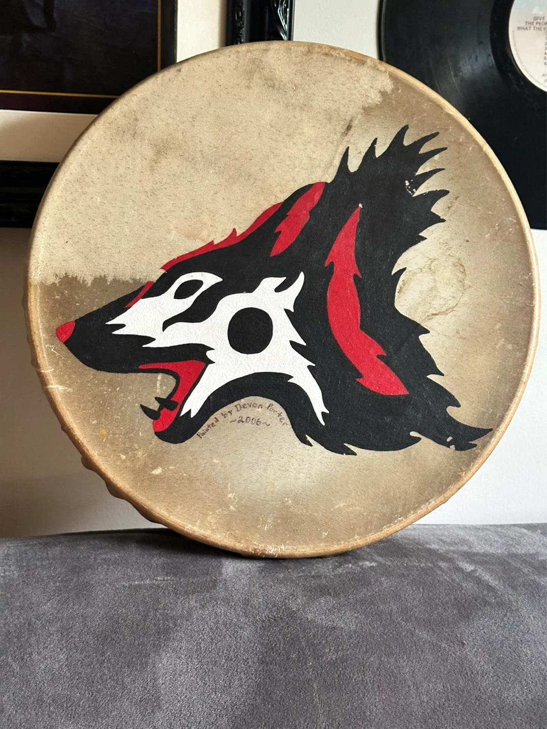 Hand Made and Signed First Nations Wolf  Drum