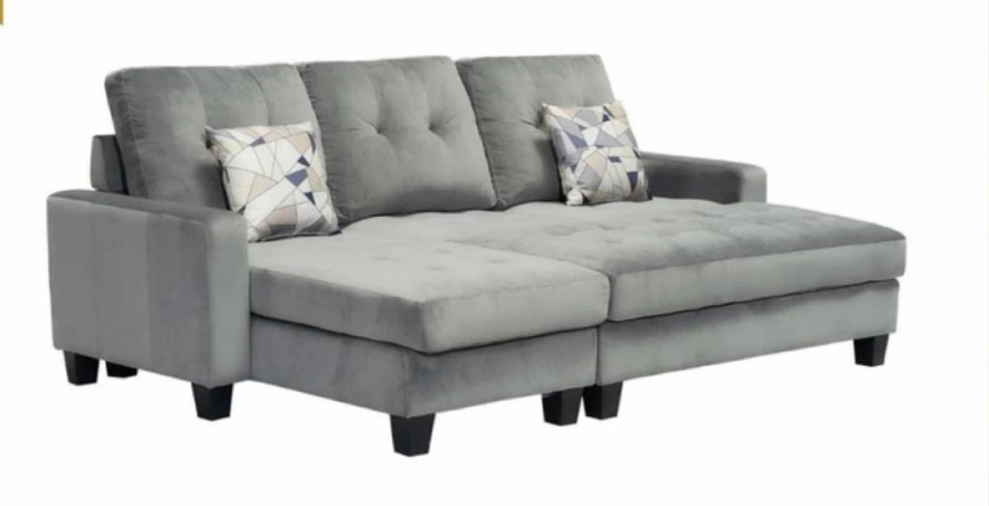 Grey Velvet Sectional Sofa with Ottoman
