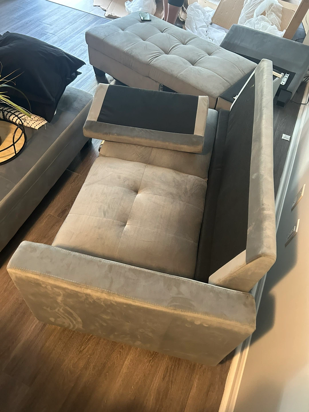 Grey Velvet Sectional Sofa with Ottoman - photo 3