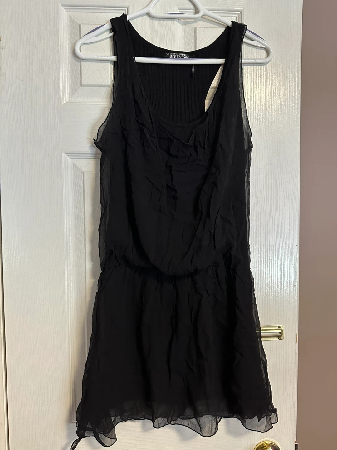 Black Guess Sheer Shirred Waist Dress
