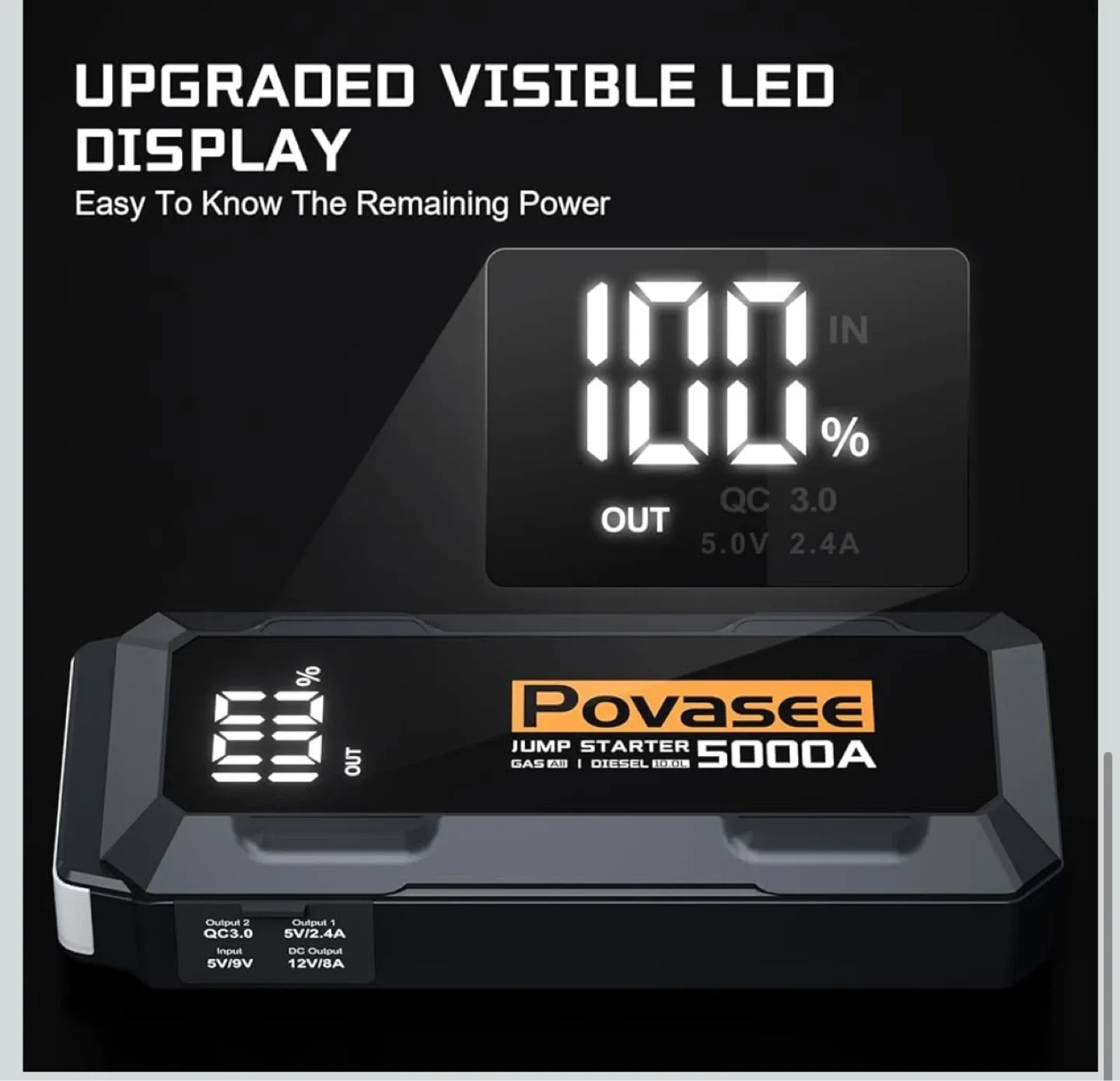 POVASEE 5000A 12V Portable Car Battery Jump Starter 3" LCD - photo 5
