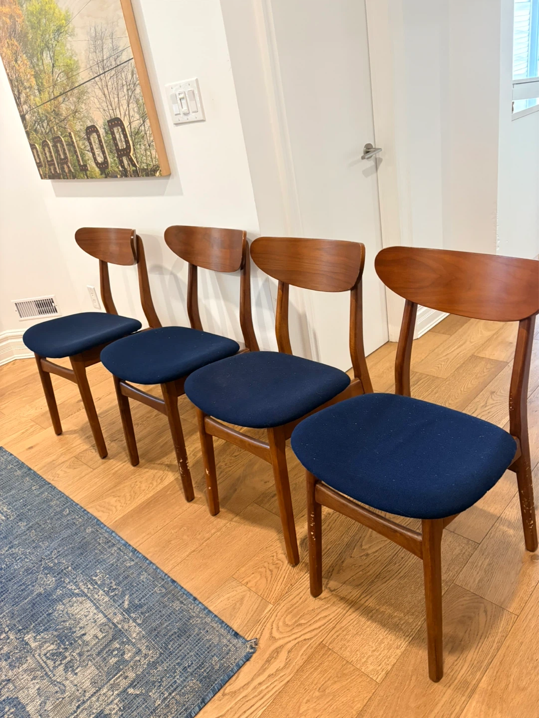 Set of 4 WEST ELM Wood Dining Chairs with Blue Upholstery - photo 4