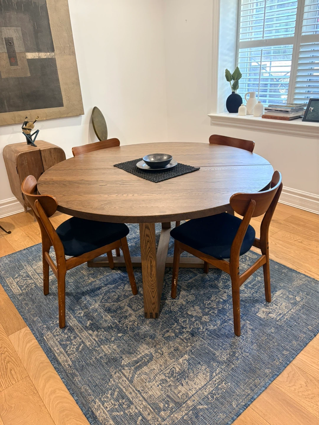 Set of 4 WEST ELM Wood Dining Chairs with Blue Upholstery