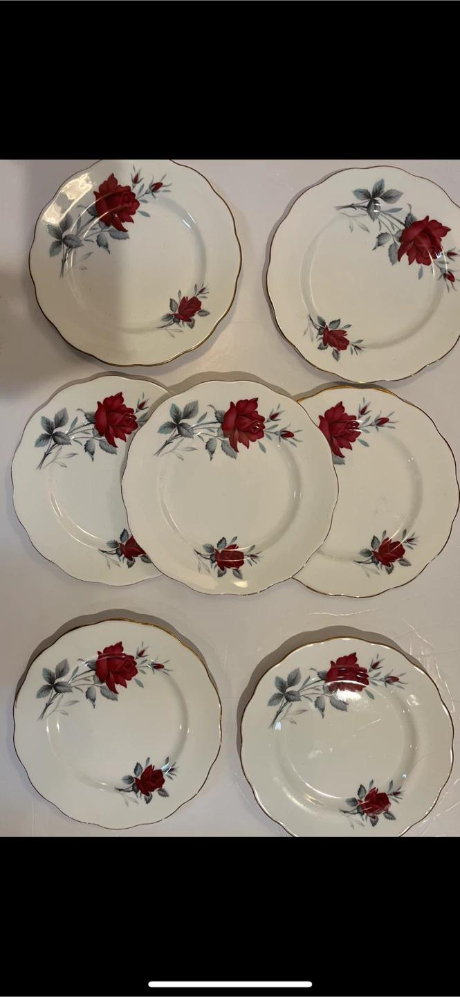 Set of 7 Vintage Rose Pattern Plates with Gold Trim