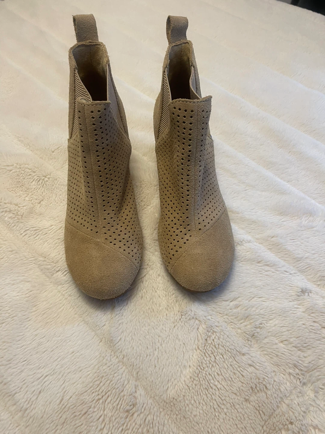 TOMS Tan Perforated Suede Wedge Ankle Boots