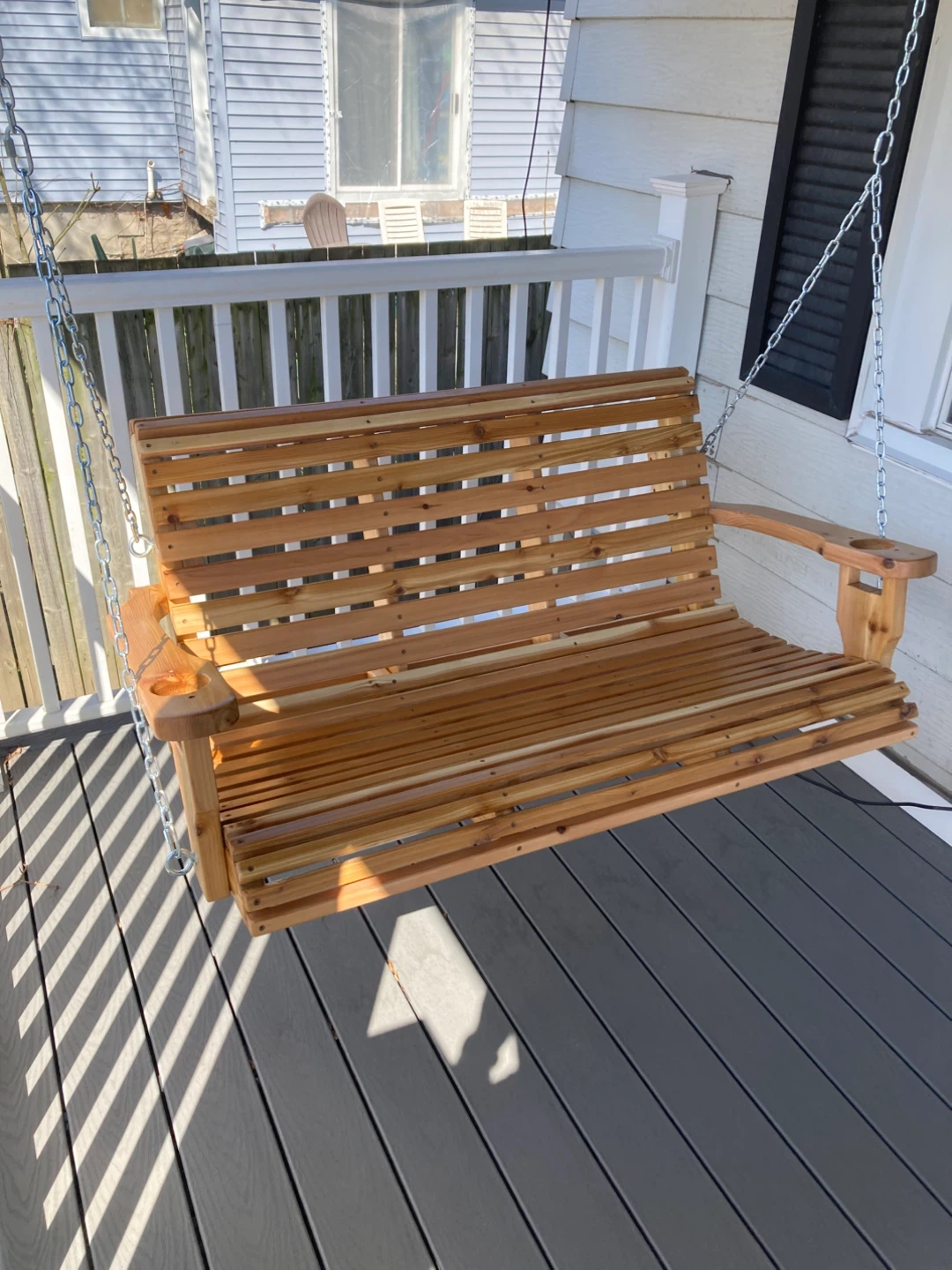 Wooden Porch Swing with Cup Holders