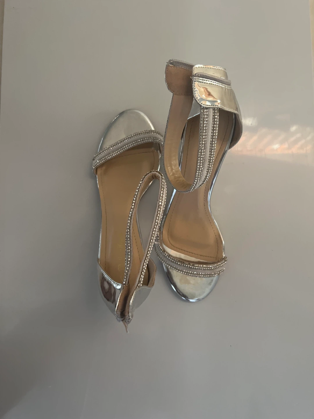 Silver Rhinestone Ankle Strap Heels
