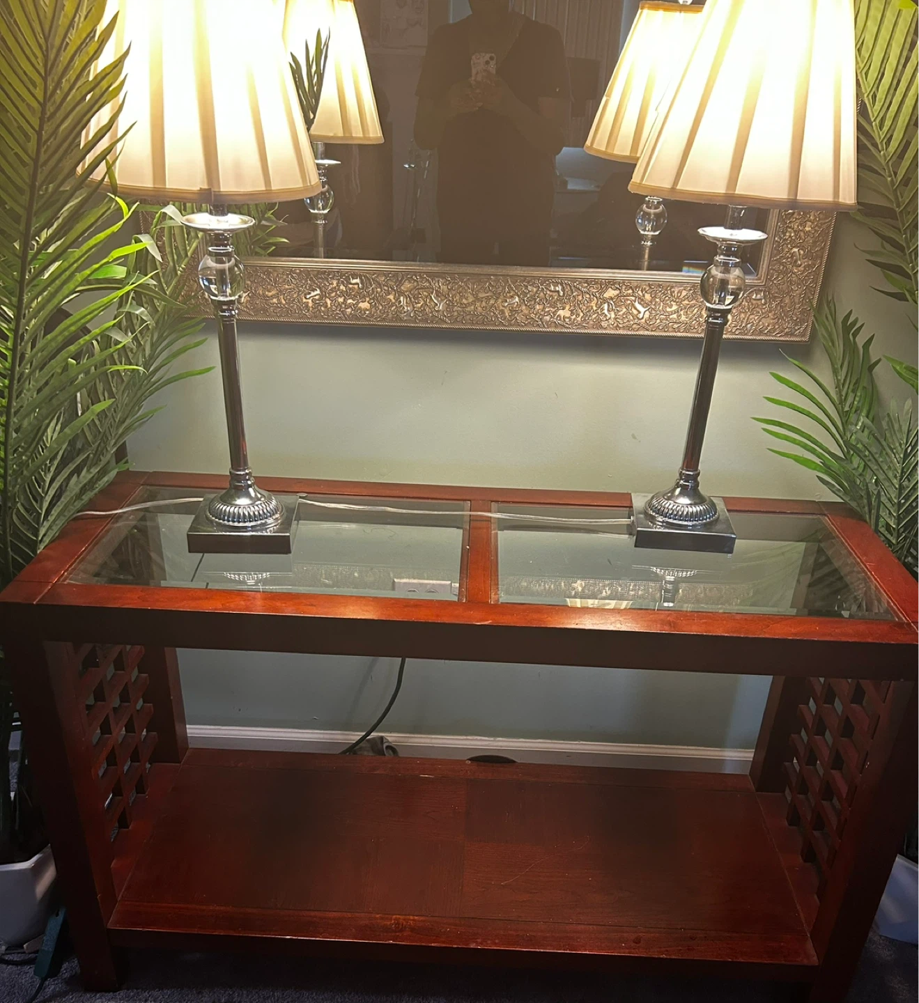 Dark Wood Console Table with Glass Top