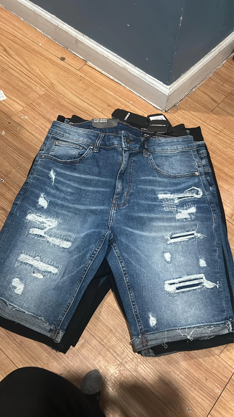Thread Theory Distressed Denim Shorts (Blue & Black) - photo 2