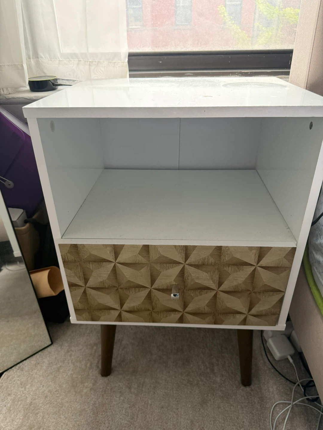 White Nightstand with Geometric Wood Drawer - photo 2