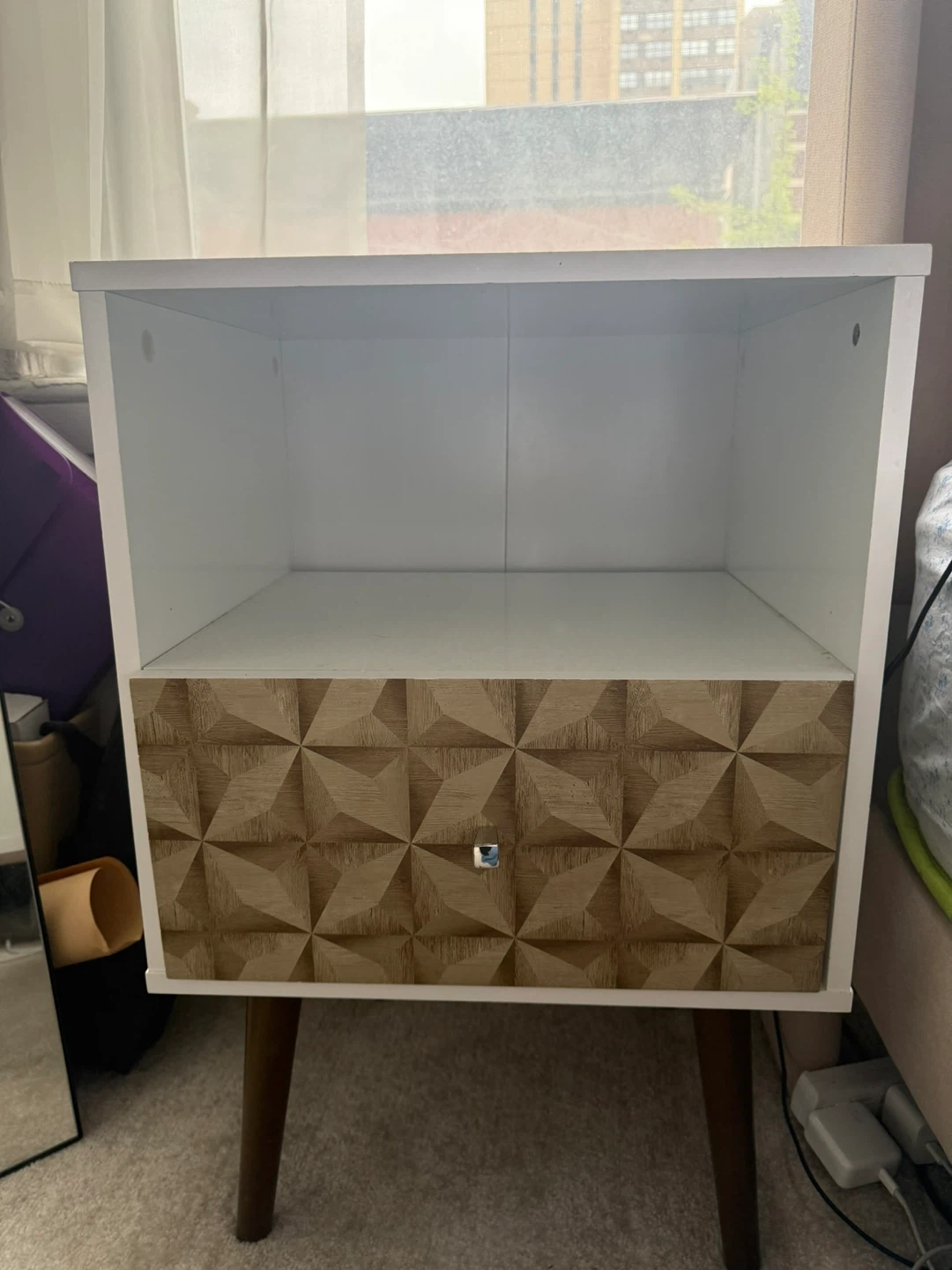 White Nightstand with Geometric Wood Drawer