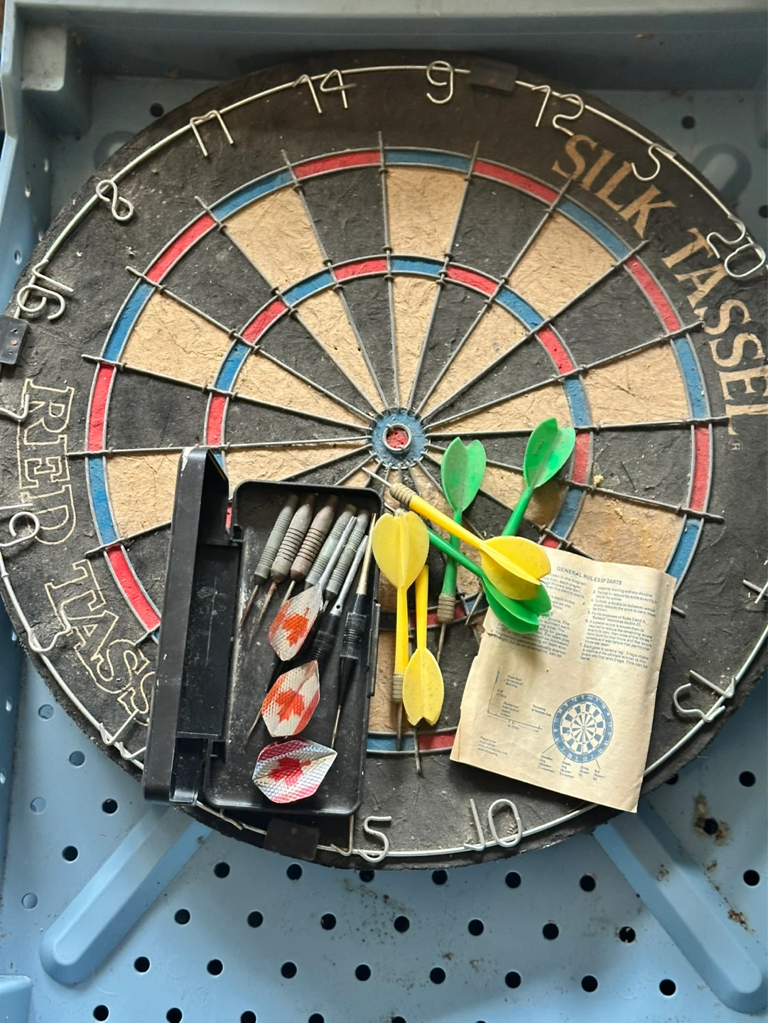 Vintage Red Tassel Cork Dart Board and darts