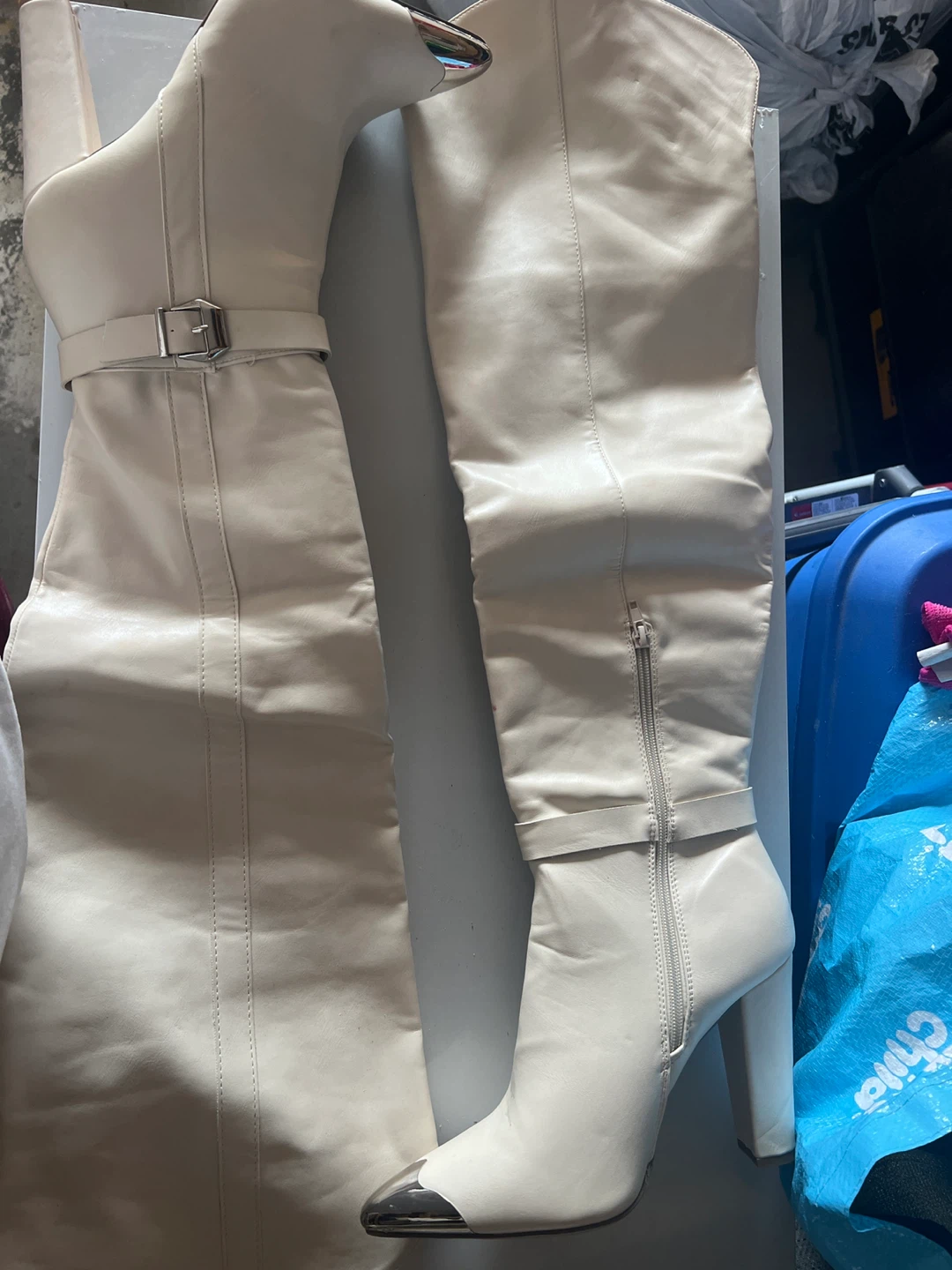 Cream Faux Leather Over-the-Knee Boots with Buckle Detail