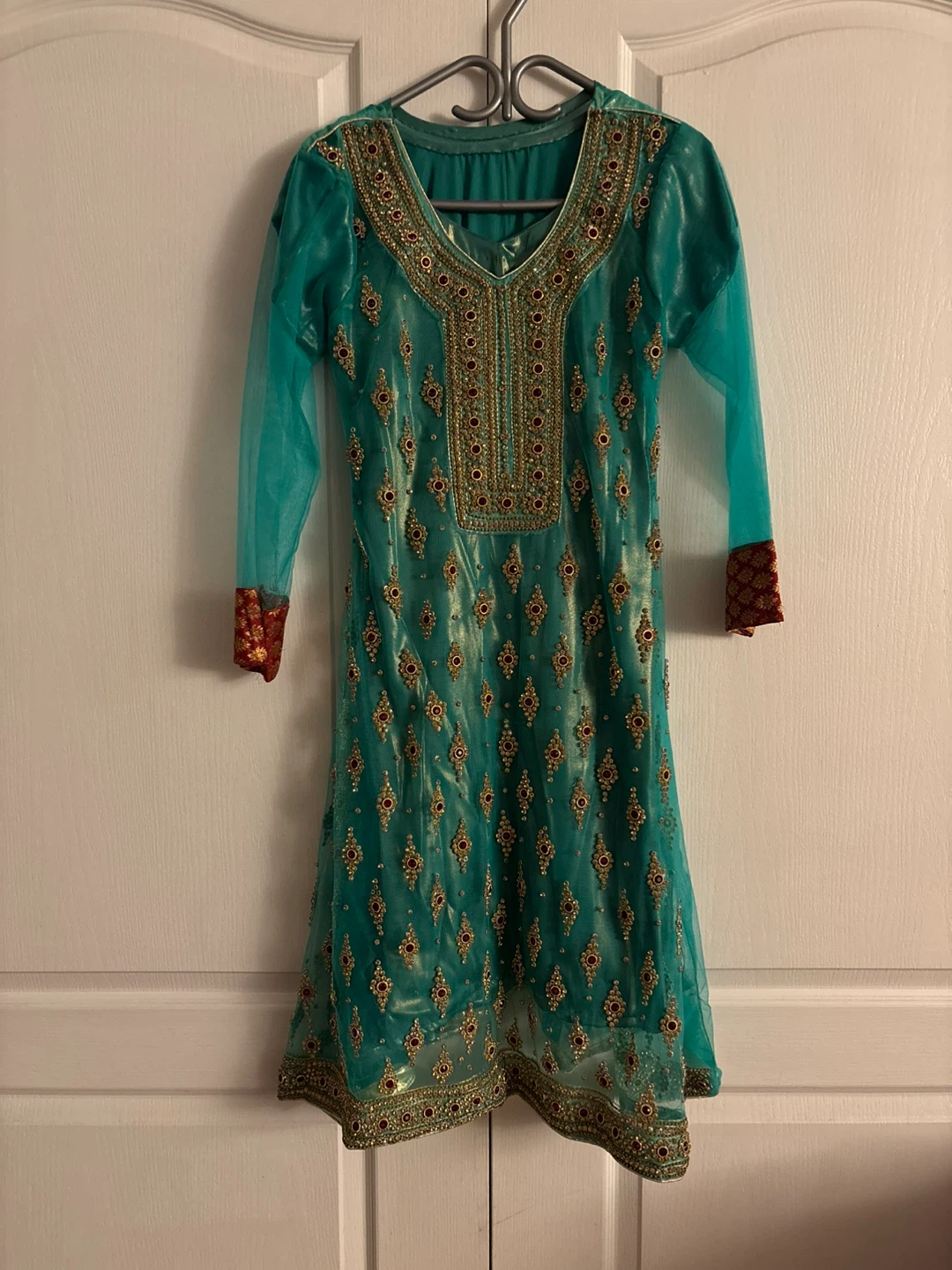 4-piece Embellished Teal Kameez Shalwar Set with Dupatta