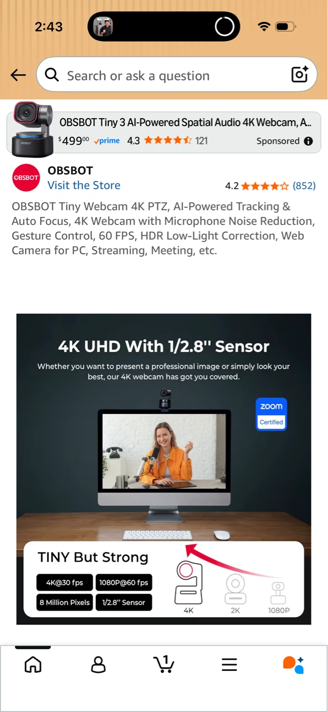 OBSBOT Tiny 4K AI-Powered PTZ Webcam (SEALED ) - photo 5