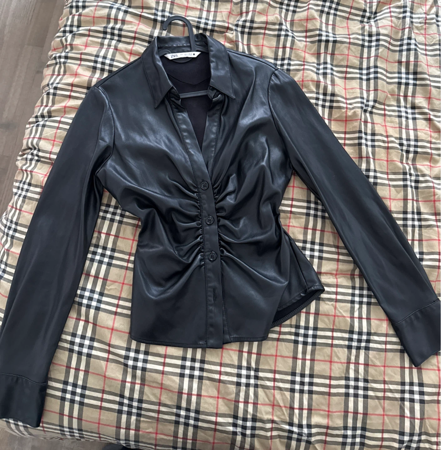 Zara Black Faux Leather Ruched Button-Up Shirt Size S