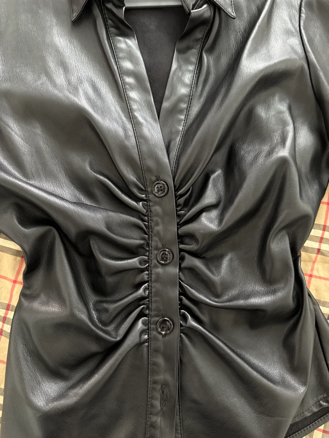 Zara Black Faux Leather Ruched Button-Up Shirt Size S - photo 2