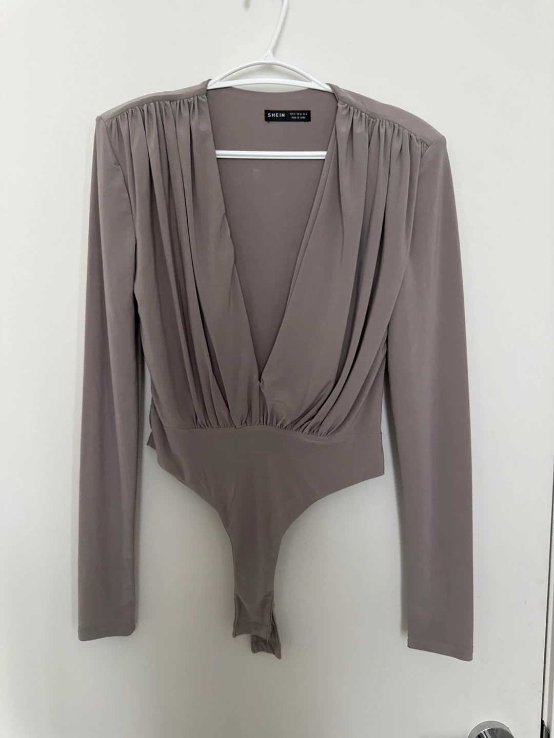 New Taupe Ruched V-Neck Bodysuit - Size L
