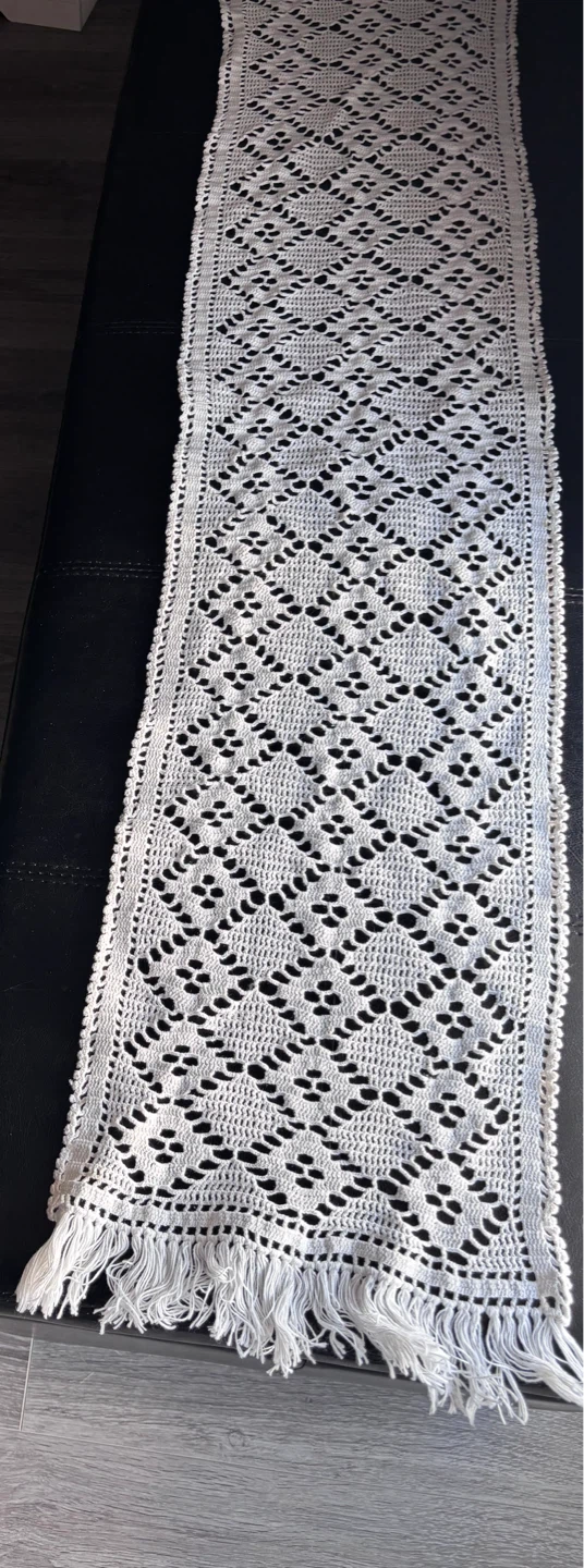 White Crochet Table Runner with Fringe